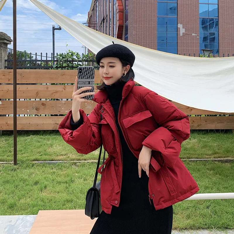 

Down Jacket Cotton-padded Clothes WOMEN'S Dress 2019 Winter New Style Online Celebrity Students Stand Collar Lace-up Short Grace