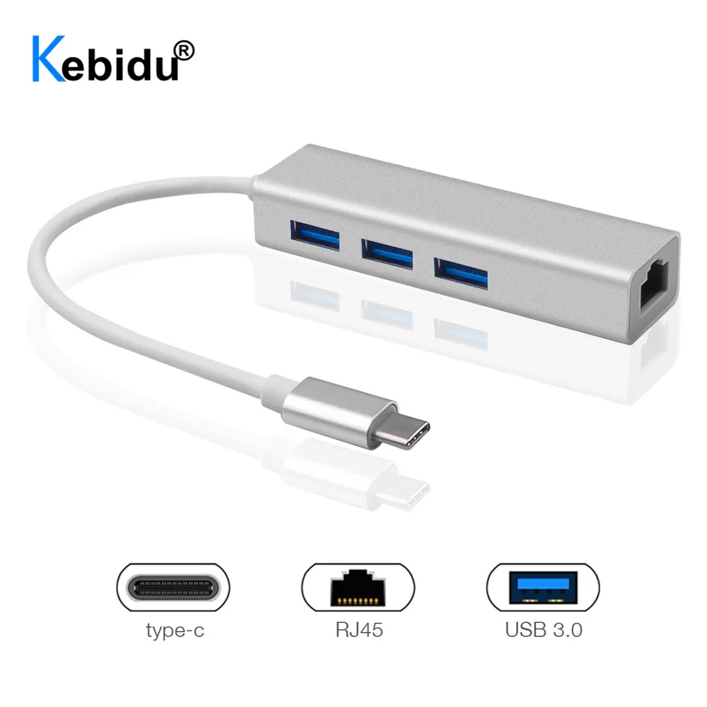 Kebidu USB 3,0 концентратор type C для Ethernet сетевой адаптер 1000 Мбит/с RJ45 Usb-c с 3 Usb 3,0 портами Usb разветвитель для MacBook Pro