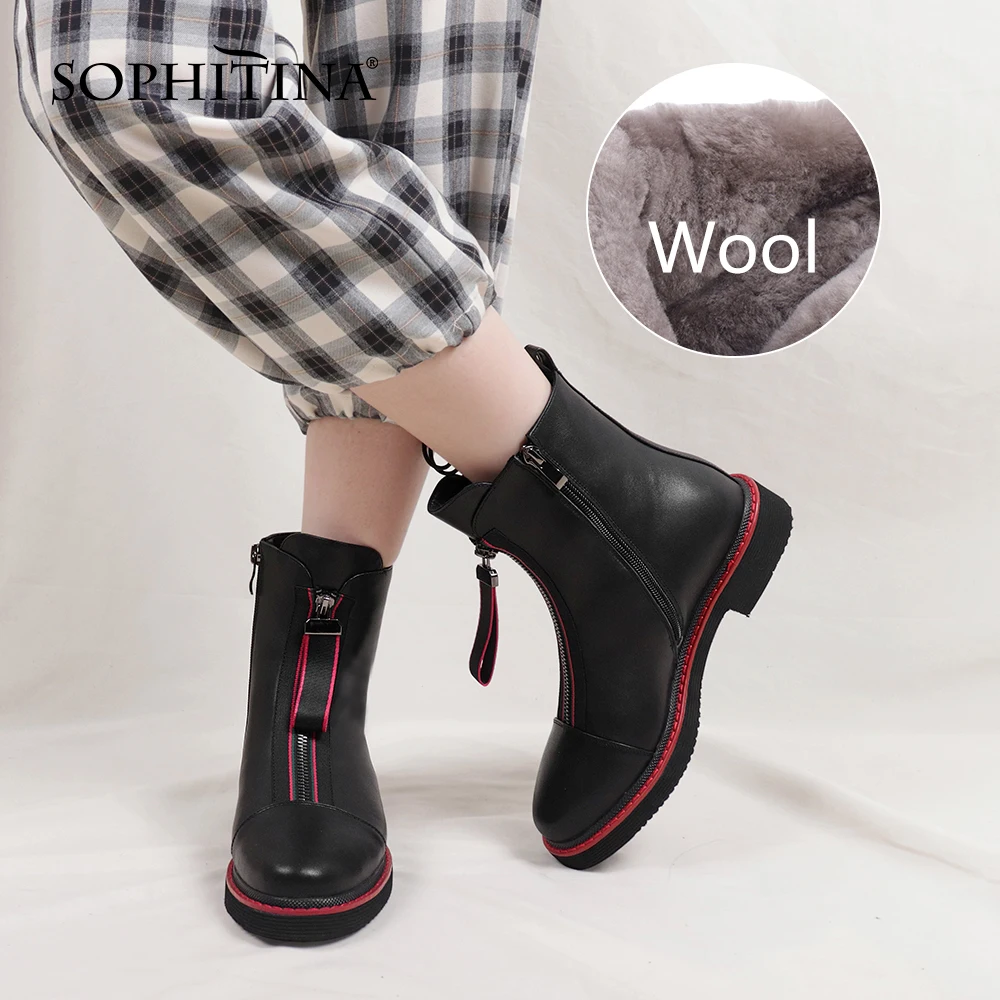 

SOPHITINA Fashion Ankle Boots Round Toe Square Heel Zipper Non-slip Keep Warm Wool Women Boots Casual Winter Women's Shoes C825