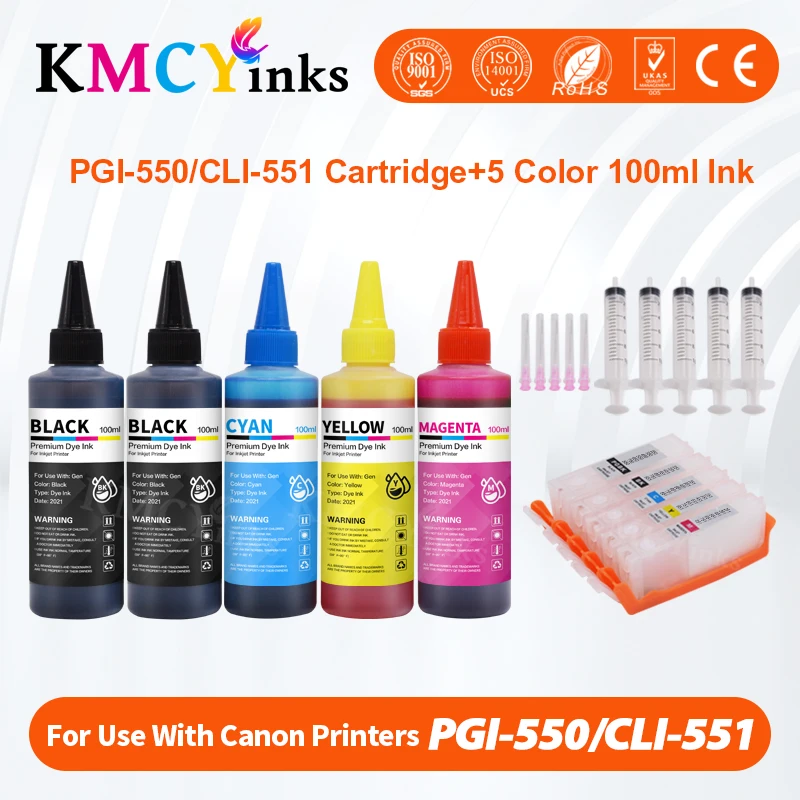 Kmcyinks-reencha o Jogo da Tinta para Canon Pixma Pgi 550 Cli 551 xl Ip7250 Mg5450 Mx925 Mg5550 Mg6450 Mg5650 Mg6650 Ix6850 Mx725 Mx925