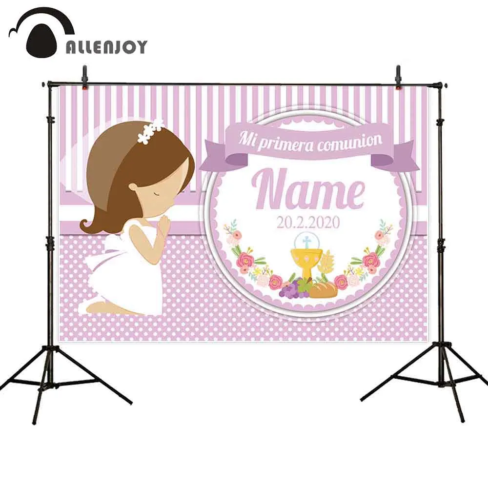 

Allenjoy photophone backdrops first holy communion baby girl pink stripes dots flower backgrounds custom polyester photobooth