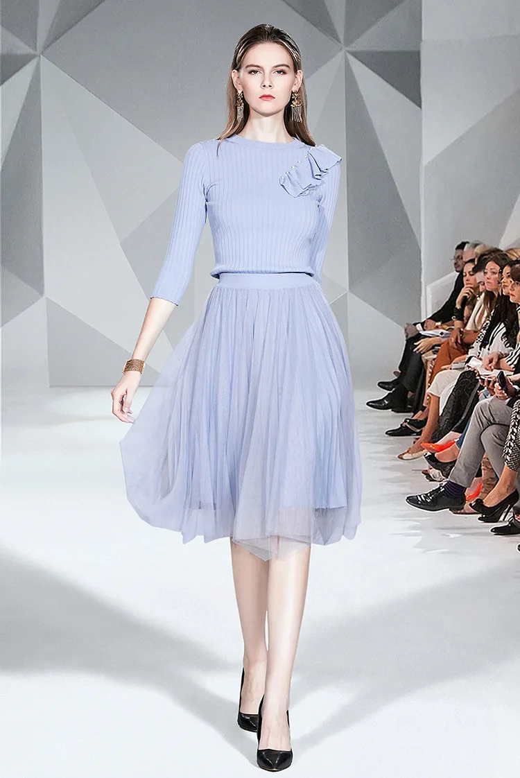 

Photo Shoot Autumn Flounced Sweater Sweater Gauze Pleated Skirt Slimming Two-Piece Set