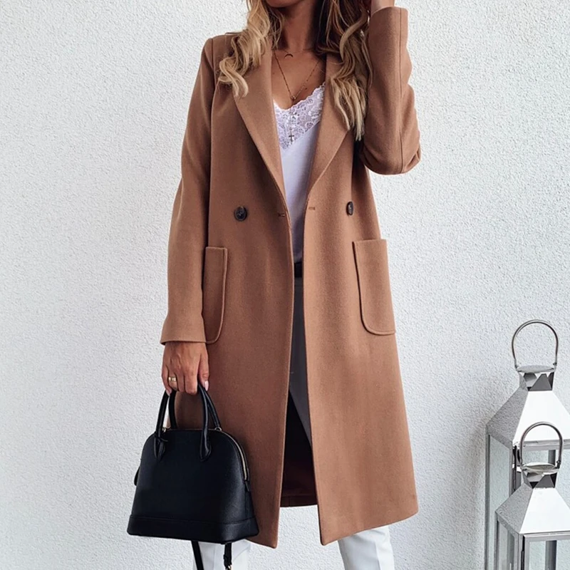 

Autumn Winter Women Woolen Coats Solid Pockets Jacket Women Trench Coat Plus Size Outerwear Office Ladies Causal Long Overcoat