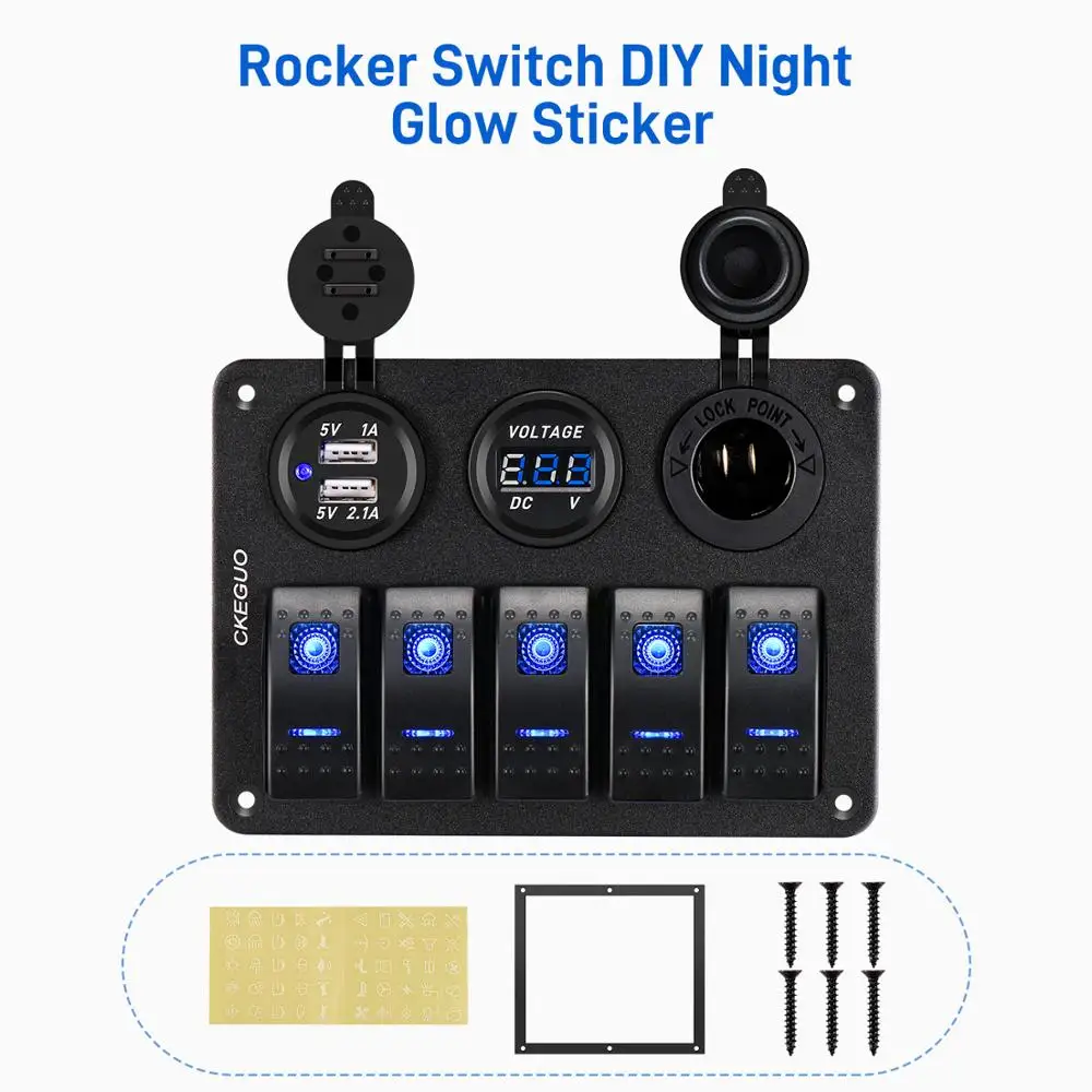 

5 Gang Waterproof Digital Voltmeter Dual USB Port 12V Outlet Combination Car Marine LED Rocker Switch Panel Car Accessory