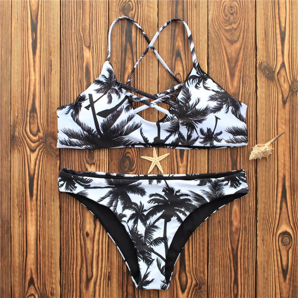 New Palm Tree Bikini Set 2020 Swimwear Women Swimsuit Beach Bathing Suit Bandage Push Up Brazilian Biquini Romper Bather E734 | Женская