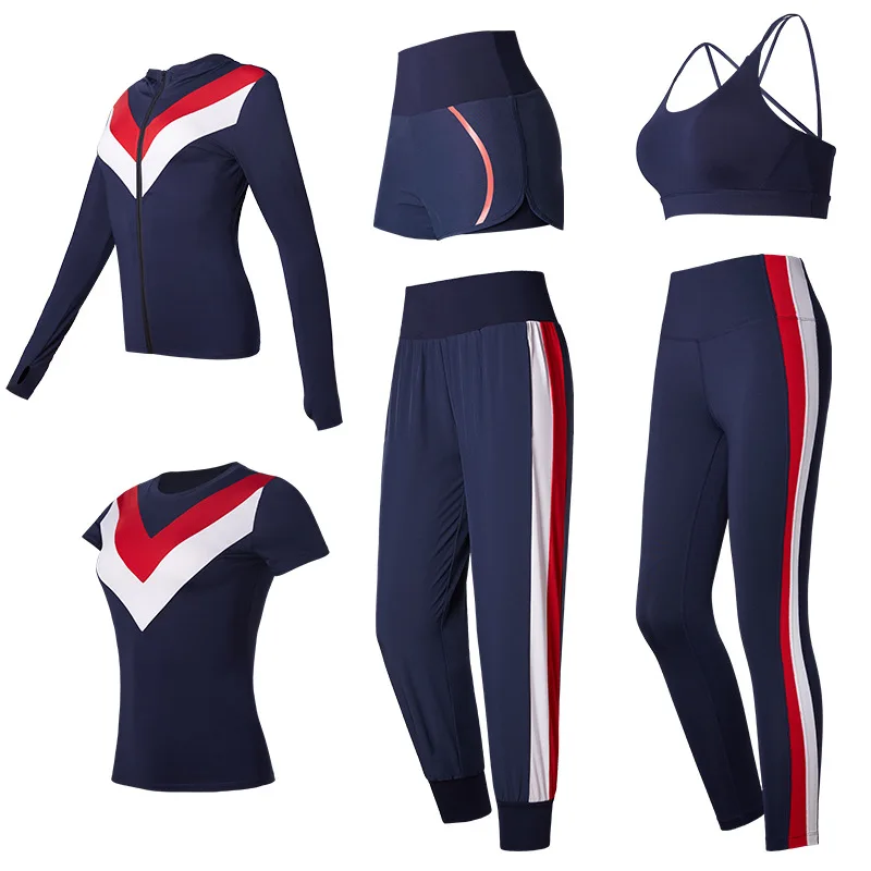 

2019 Summer New Style Yoga Clothes Female Sports Quick-Dry Six Pieces Set Coat Short Sleeve Shorts Width Bra Leggings