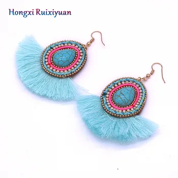 

Earrings jewelry bohemian fringed rhinestones leather ladies earrings round drop-shaped beach party earrings gifts