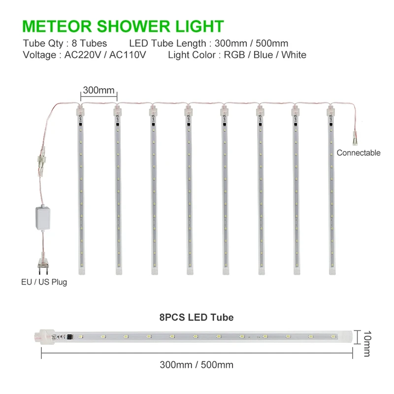 Top-Christmas LED Lights 50cm Meteor Shower Rain 8 Tubes LED String Lights Waterproof for Outdoor Garden Party Decor Tree-EU Pl
