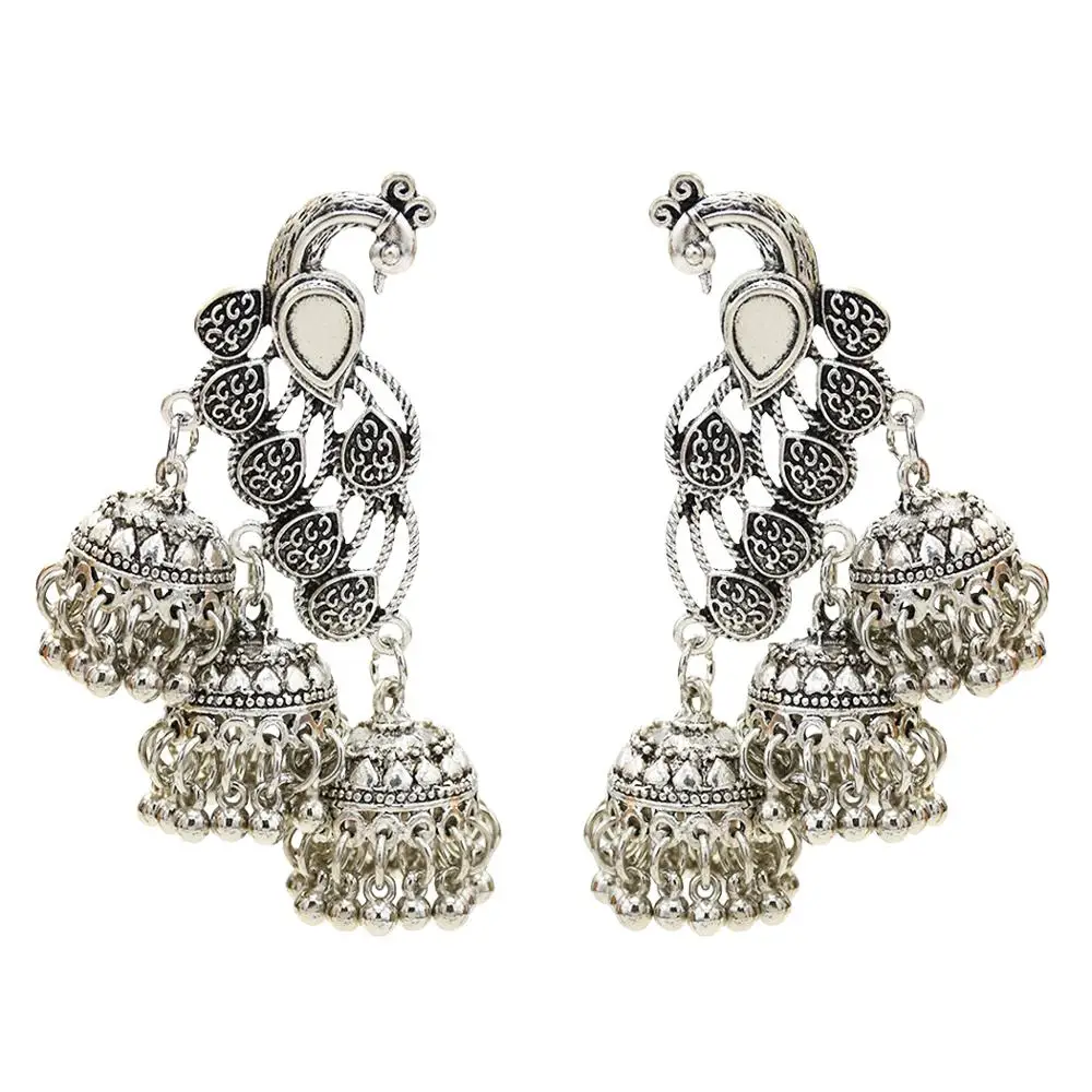Этнические серебряные серьги-капли Jhumka Jhumki, оксидированные серьги с большим кристаллом павлина, мексиканские цыганские, афганские, Индия, этно-стиль, турецкие ювелирные изделия