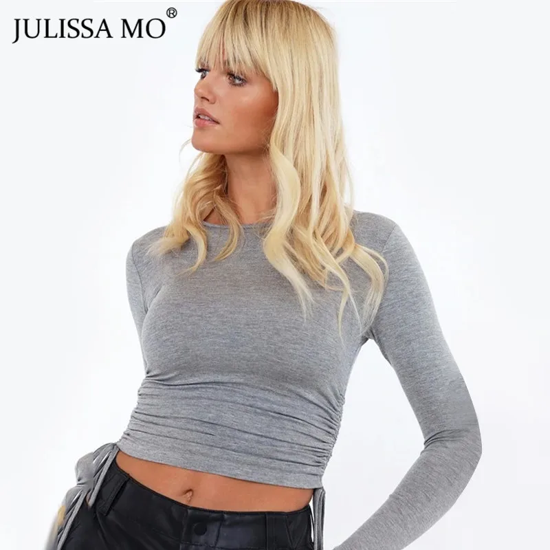 Julissa mo базовый с круглым вырезом обтягивающая футболка Женские топы с длинным рукавом Повседневные рубашки с завязками Футболка однотонная хлопковая кружевная короткая футболка