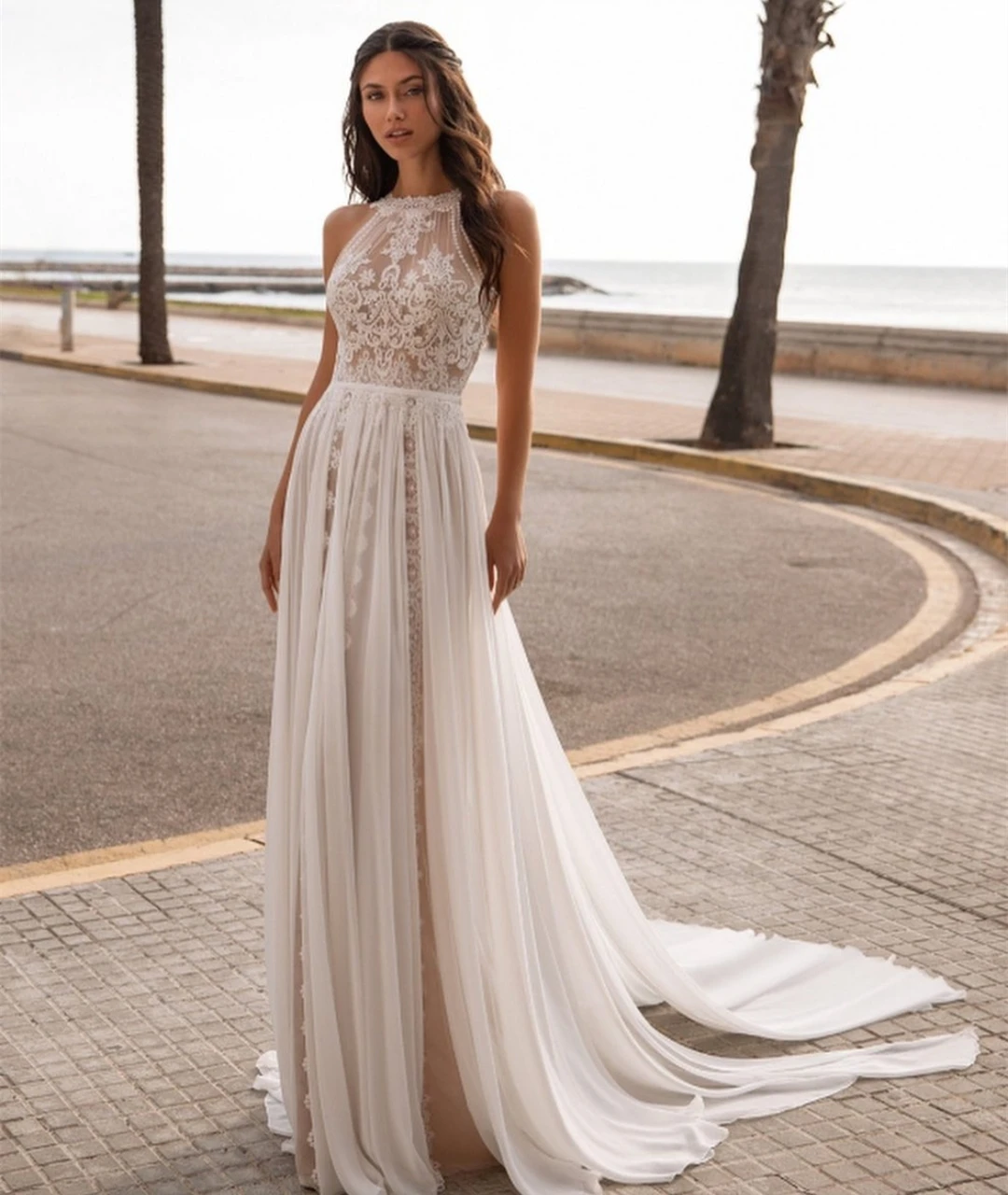 Wedding Dress 2021 Bohemian Boho Lace Chiffon Sleeveless Beach Backless Sweep Train Bride Dresses Bridal Gown Robe De Mariee New grace kelly wedding dress Wedding Dresses