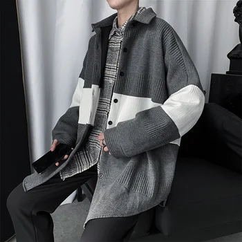 

2020 Spring And Autumn New Men's Youth Popular Knitted Cardigan Fashion Casual Color Matching Loose Top Coat Black / Grey M-XL