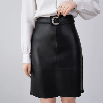 black Новая женская Стильная Roupas Натуральная кожа Пряжка Deco юбка миди Femme хаки/зеленый/черный карандаш Saia OL Рабочая обёрточная бумага Gonne - Цвет: black