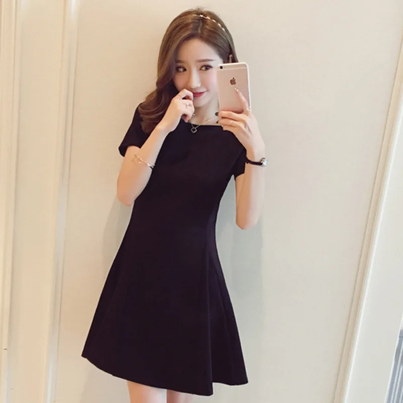 

2020 Summer New Style Korean-style Elegant Waist Hugging Slimming Short Sleeve Hepburn Black Dress Retro A- line Dress Women's F