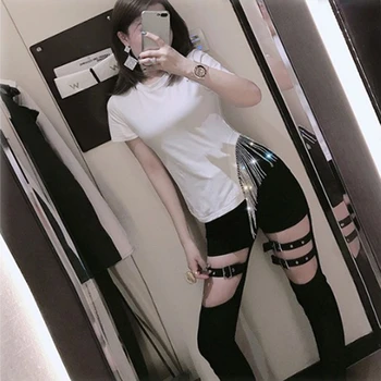 

Summer New Women Side Heavy Water Drill Ribbon Stitching Round-collar T-shirt Slim Black And White Tassel Shirts Short Sleeve