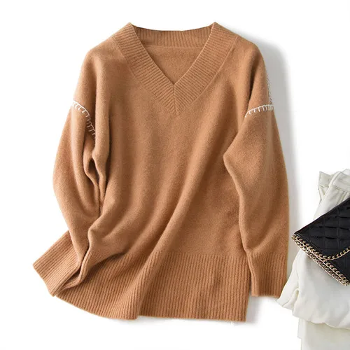 Shuchan женские дизайнерские свитера 90% шерсть мериноса+ 10% кашемир теплые высококачественные пуловеры с v-образным вырезом в английском стиле свободные топы - Цвет: 278195