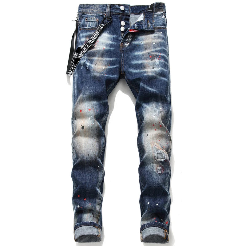 

New Men skinny jeans elastic ribbon ripped jeans for men paint male trousers clothes Spring Autumn little stretch hip hop