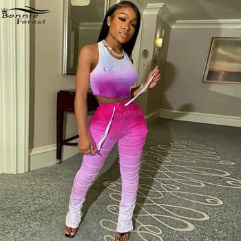 

Bonnie Forest Sporty Colorful Tie Dye Print Matching Set Women Sleeveless Crop Top And Biker Pant Set 2 Piece Workout Tracksuits