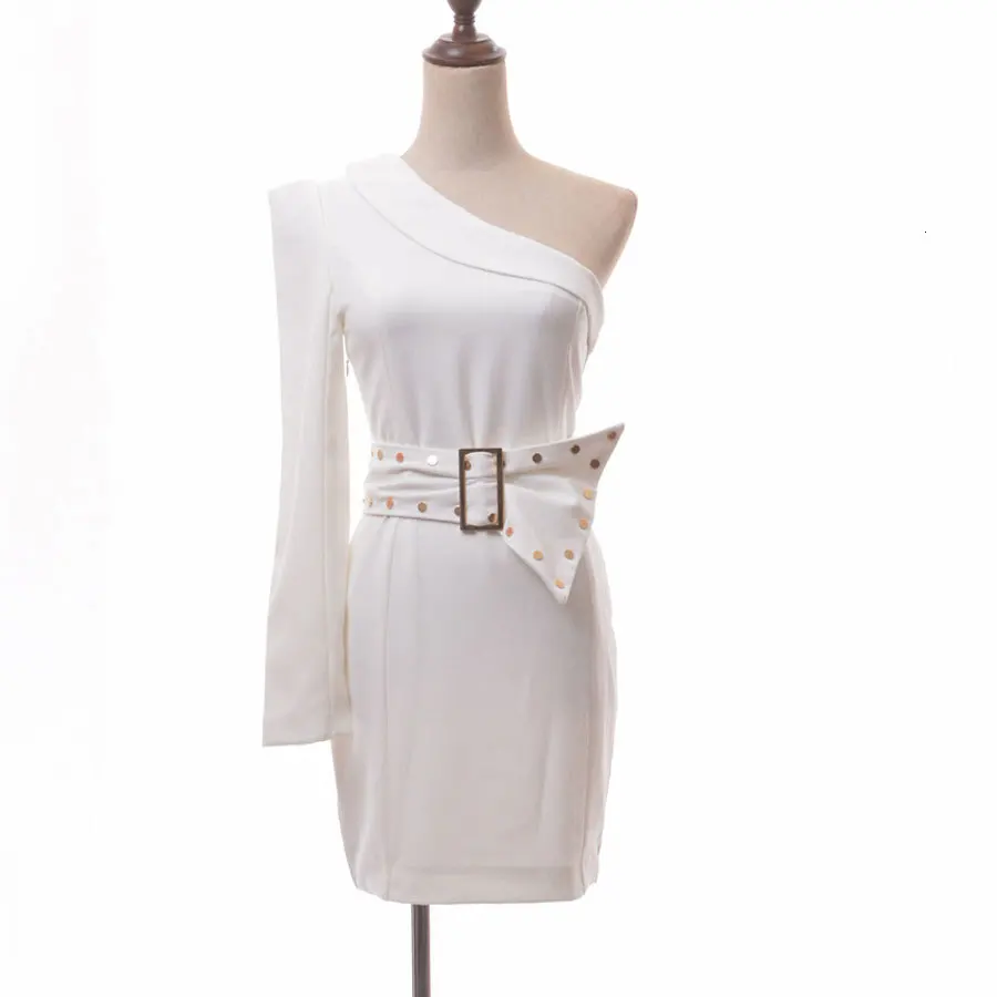 DEAT осеннее женское белое платье с длинным рукавом на одно плечо Блейзер Платье женское с заклепками узор повседневные модные платья MH004