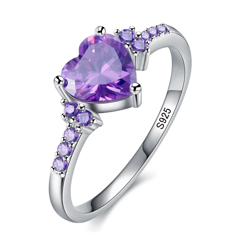 Free Sent Certificate Fashion Women Wedding Jewelry Cute Heart Heart Design Purple Crystl Amethyst Silver 925 Ring Dropshipping - Image 5