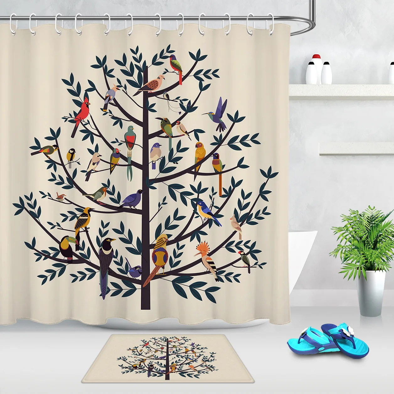 Curtain And Mat Животные птица Печать ванная комната занавеска для душа Водонепроницаемый полиэстер ткань ванна занавеска с крючками домашние декоративные - Цвет: Curtain And Mat