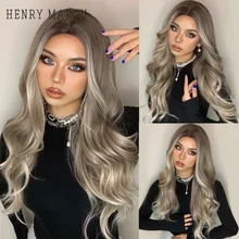 

HENRY MARGU Long Ombre Brown Light Ash Platinum Blonde Wavy Wigs Cosplay Party Synthetic Wig for Women High Temperature Fibre