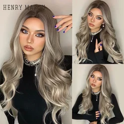 HENRY MARGU Long Ombre Brown Light Ash Platinum Blonde Wavy Wigs Cosplay Party Synthetic Wig for Women High Temperature Fibre