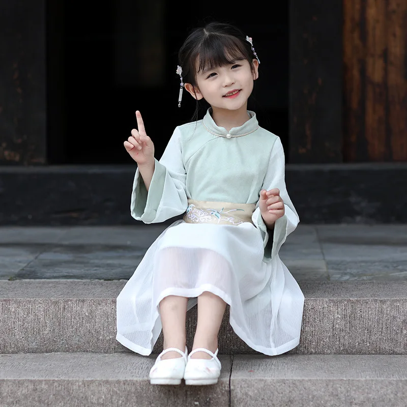 

Autumn Winter Girls Chinese National Belt Dresses Embroidery Girl Cheongsam Dress Performance Traditional Fashion Cute Clothes