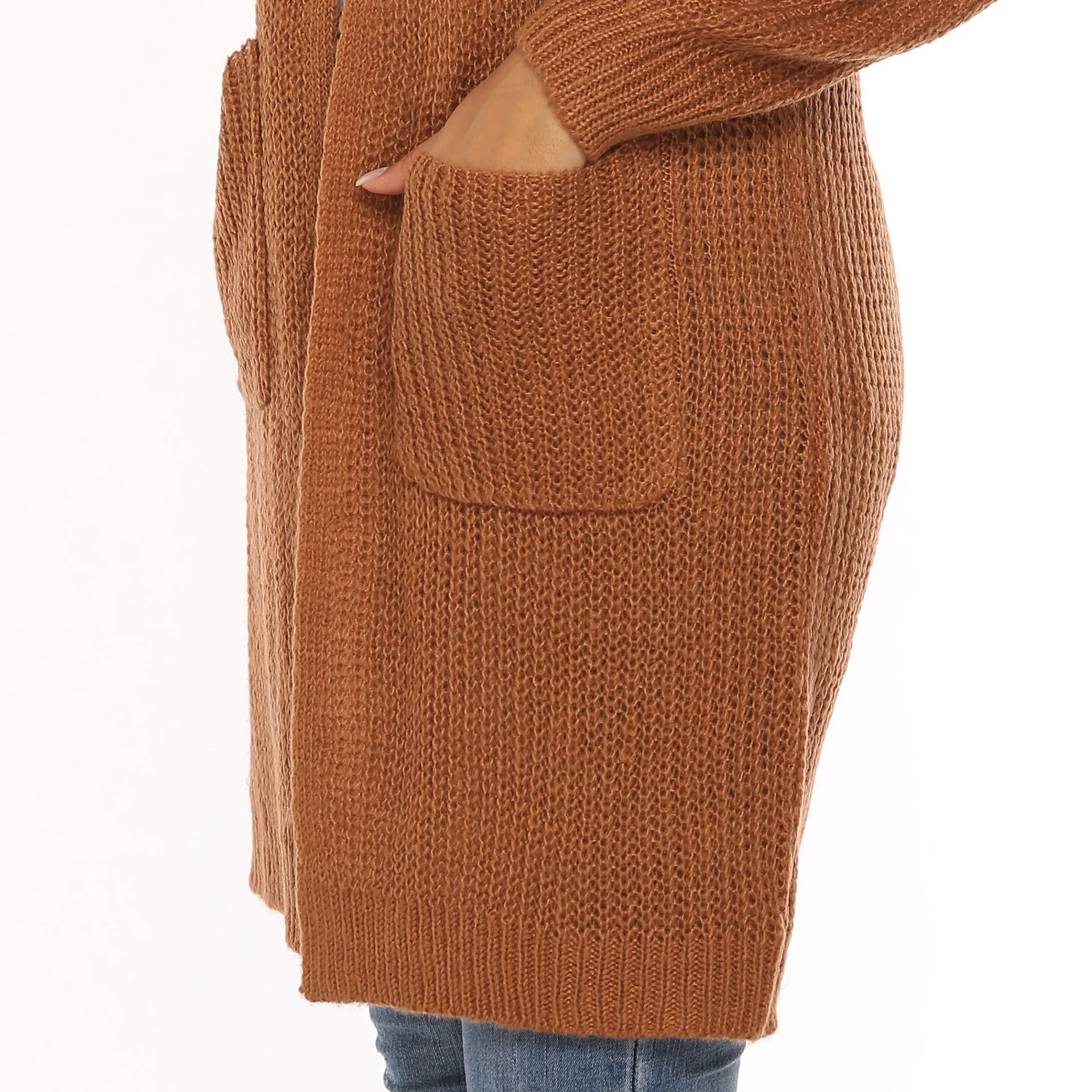 KALENMOS Women Fashion Autumn Winter Mid Length Knitted Cardigans Ladies Casual Long Sleeves Pocket Warm Sweater Plus Size