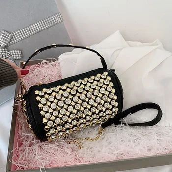 

2021 new fashion PU soft leather inlaid rhinestone bucket bag trendy personality lady messenger bag punk chain handbag A17