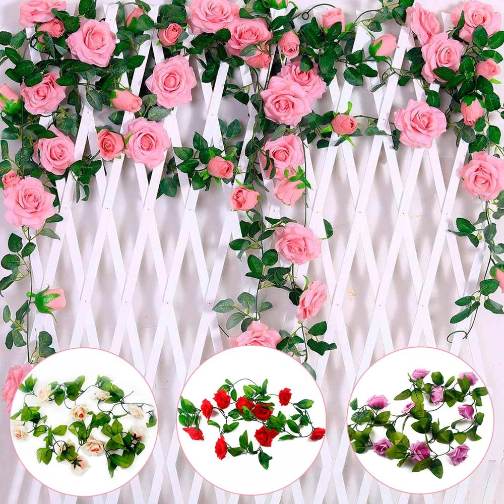 2 4m Lot Silk Roses Lvy Vine Artificial Flower Wall For Home Wedding Decoration Fake Leaf Diy Hanging Garland Artificial Flowers Artificial Dried Flowers Aliexpress