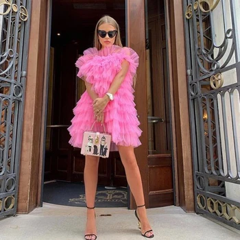 

New Trendy Summer Fuchsia Ruffles Tiered Short Women Dresses Off The Shoulder Sexy Hot Pink Women Dress Party