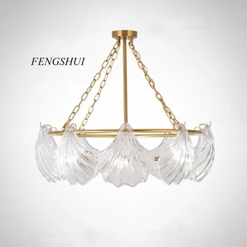 

Modern LED Luxury Brass Shell Glass Chandelier LOFT Restaurant Living Room Pendant Lamp for Bedroom Bedside Decor Light Fixtures