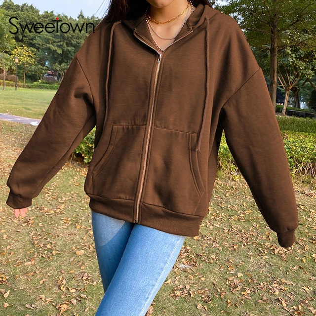 Brown Zip Hoodie Vintage, Brown Zip Hooded Sweatshirt