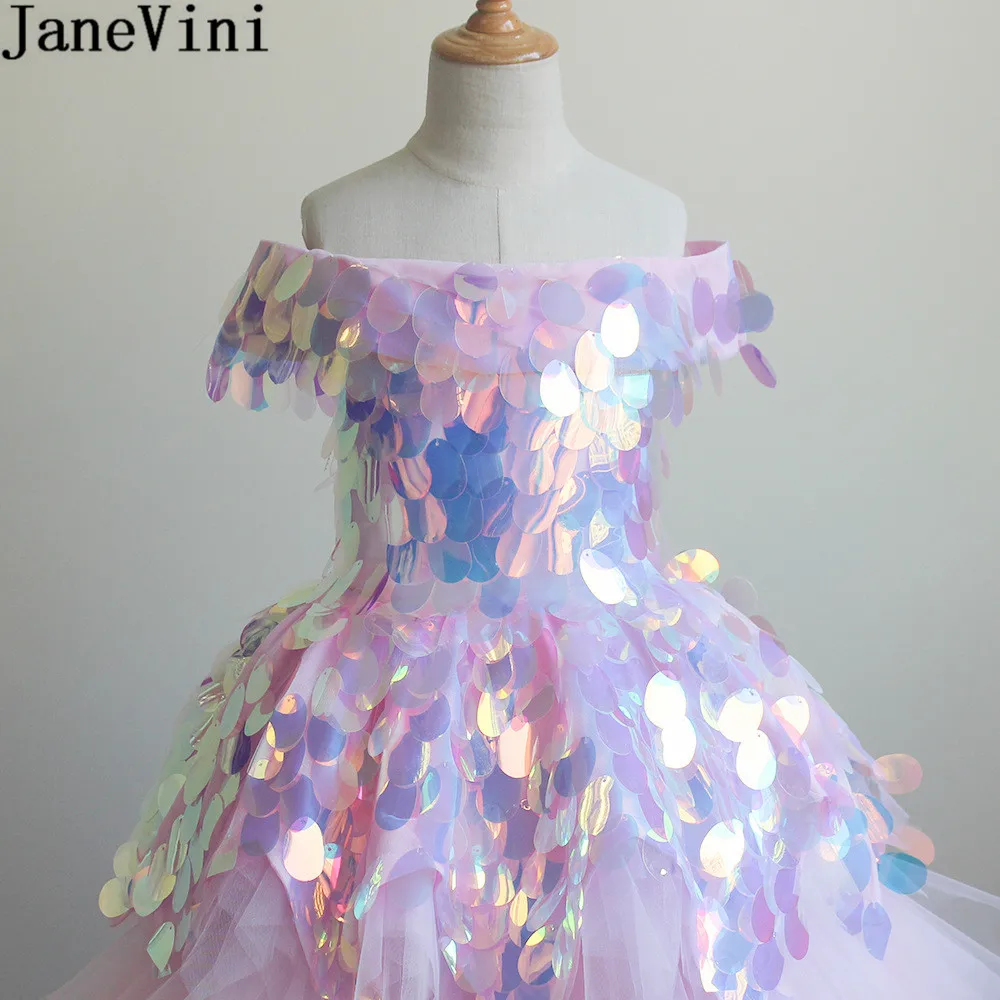 JaneVini/шикарные розовые платья с большим цветком и блестками для девочек; Рождественский подарок; яркие многоярусные тюлевые вечерние платья для детей