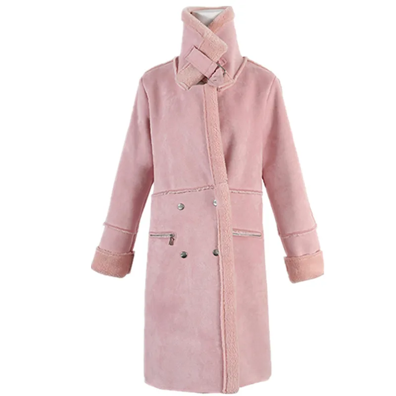 Осеннее женское замшевое зимнее пальто с мехом Новое модное плотное длинное пальто из искусственной овчины женский однотонный теплый плащ K070