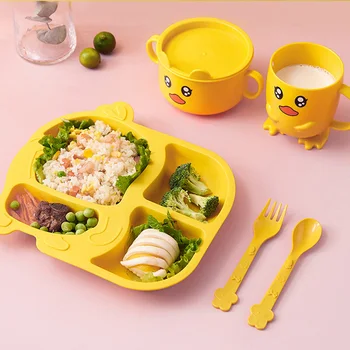 

Baby Dishes Set Plastic Cartoon Yellow Duck Baby Training Bowl Plates Food Grade Spoon Fork Cup Children Feeding Plate Tableware