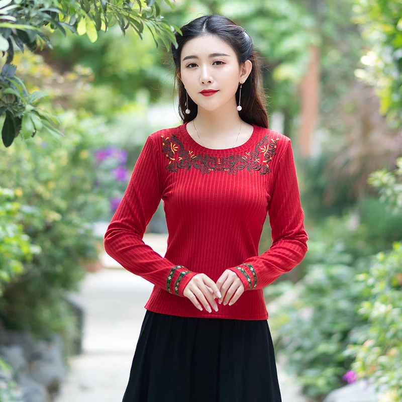 Красный KYQIAO camiseta mujer Винтажная Футболка женская осень весна Мехико стиль длинный рукав красный зеленый вышивка вязаная рубашка футболка Топы - Цвет: Красный