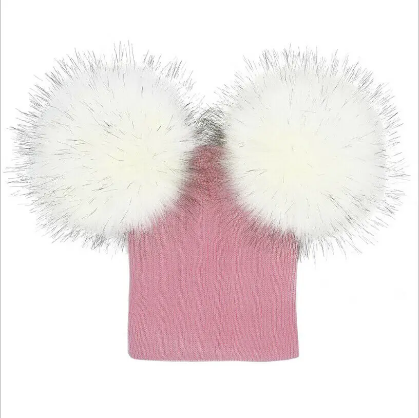 Infant Baby Girl Boy Kids Winter Pompom Ball Knit Woolen Hat Cap Beanie Lovely Child Warm Double Fur Pom Beanies - Цвет: Pink B