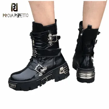 

Prova Perfetto Fashion Punk Solid Color Microfiber Women's Ankle Boots Metal Decoration Round Toe Lace-Up Vulcanized Shoes 2020