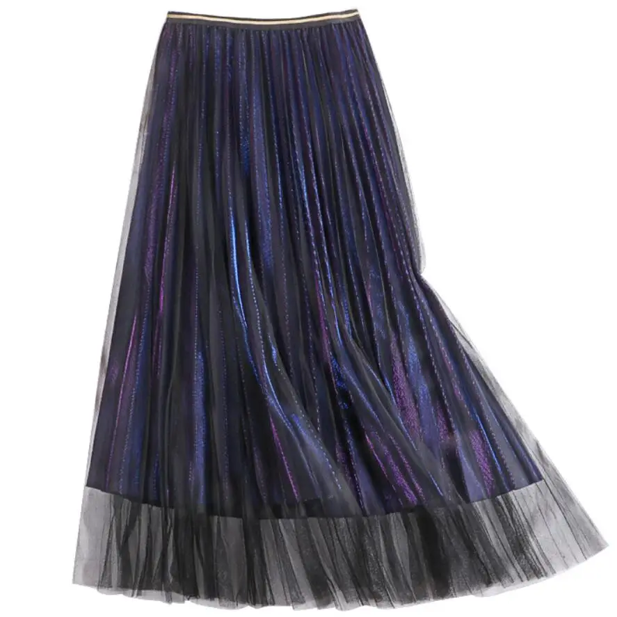Плиссированная юбка с металлическим градиентом для женщин; сезон осень-зима; сетчатая юбка трапециевидной формы с высокой талией
