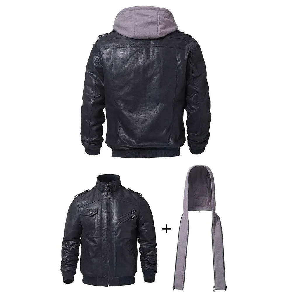 Mens Leather Jacket Men Motorcycle Removable Hood Winter Coat Men Fashion Warm Genuine Leather Jackets Mens Leather Jacket