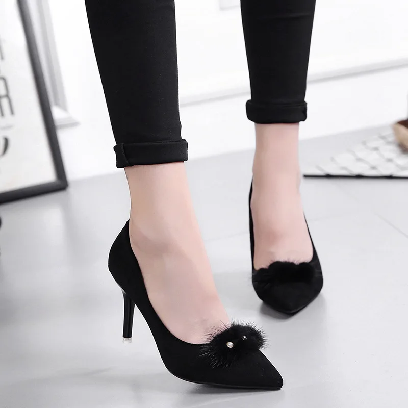 

2018 Spring And Autumn New Style Korean-style Pointed-Toe Furry Thin Heeled High Heel Shoes Women's Suede Low-Cut Versatile Sexy