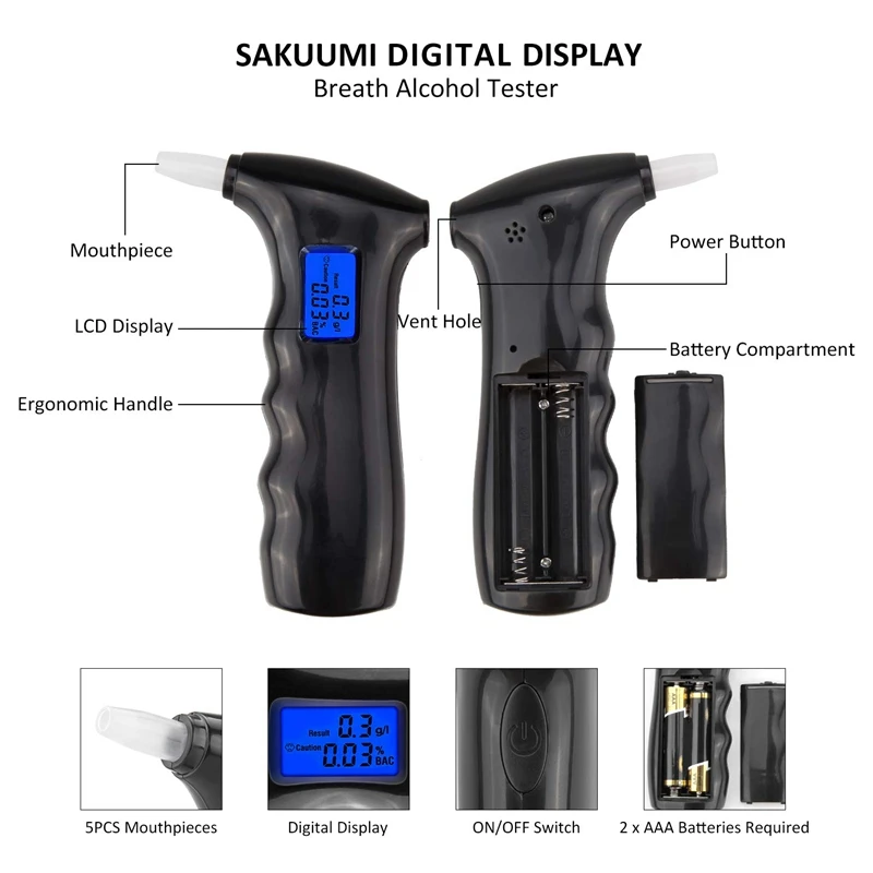 Portable Alcohol Breath Tester with LCD Display Digital Fast with 5Pcs Mouthpie 