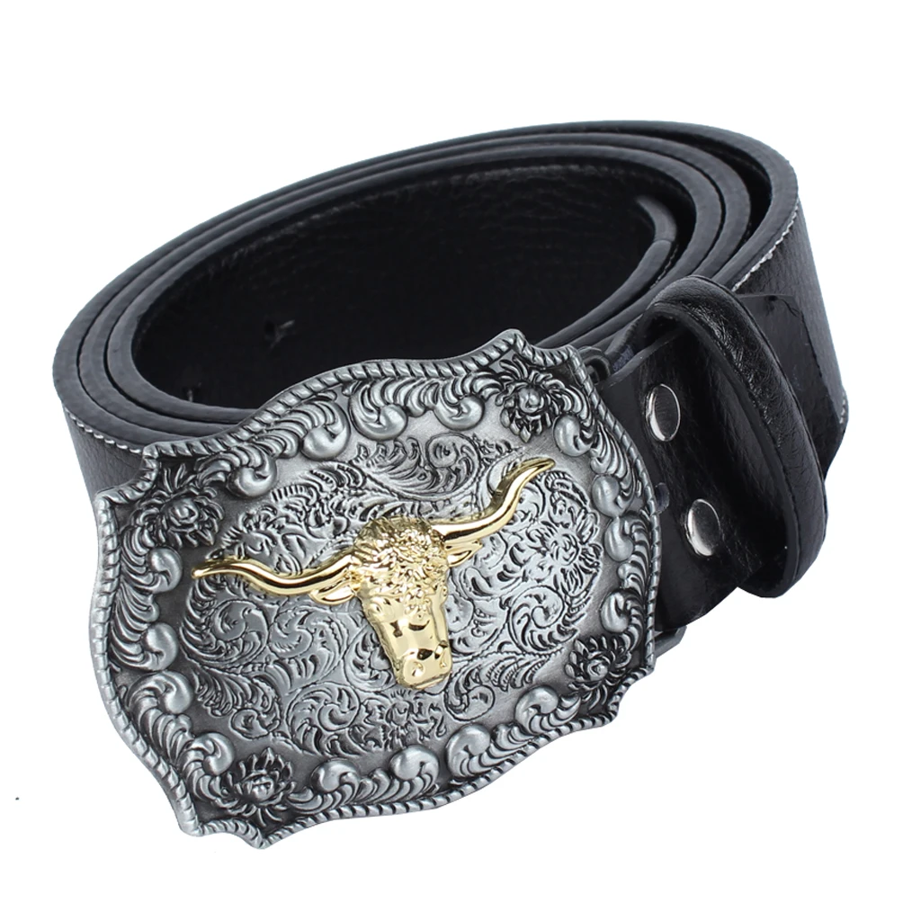Classic Western Cowboy Rodeo Arabesque Catterl Head Men's Leather Belt Buckle