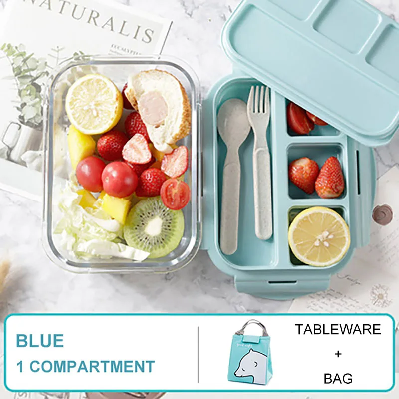 Стеклянная коробка для ланча GUNOT Microwavable Bento коробка силикагель крышки отсеки герметичные контейнер для хранения еды пакеты для ланча - Цвет: Blue 1 gird set