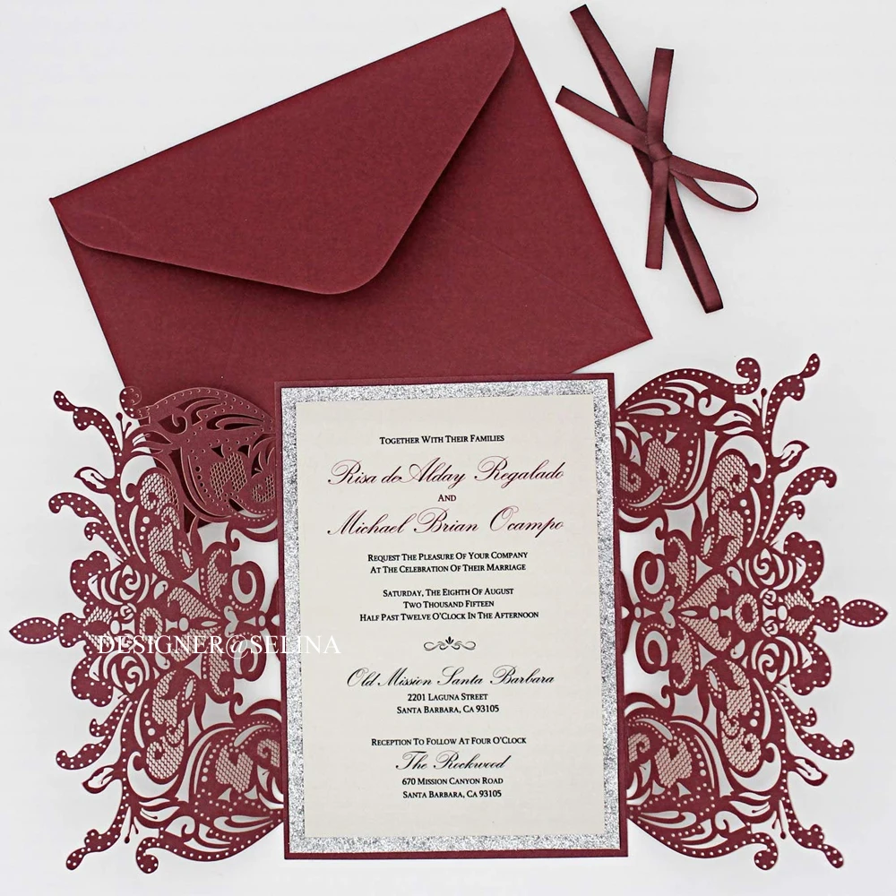 50PC Customize Print Burgundy Wedding Invite Card Laser Cut Floral Glitter Bottom Engagement Baptism Invitations with Ribbon | Дом и сад