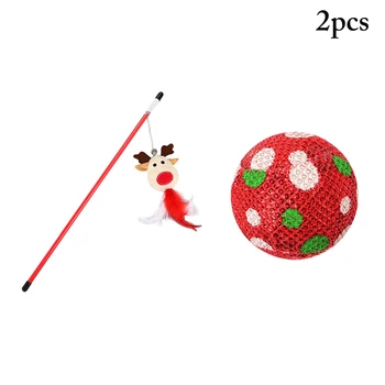 

2PCS/1Set Christmas Cat Teaser Wand Reindeer Cat Interactive Wand Catnip Ball Toy Cat Funny Favor Toy Interactive Toys