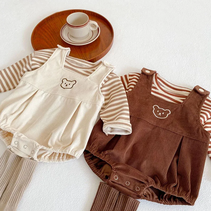 MILANCEL 2022 Spring New Baby Clothing Set Toddler Girls Bear Set Infant Blouse And Corduroy Bodysuits 2 Pcs  Suit baby dress and set