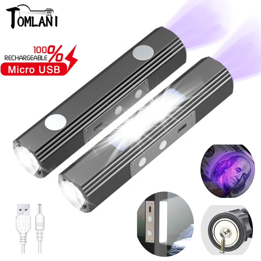 

UV/White 2 in1 LED Flashlight Ultraviolet Torch With Built-in Battery Multi Function Folding Work Light COB magnet Camping Lamp